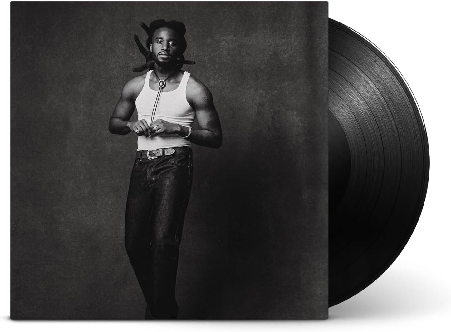 Black and white vinyl record featuring a portrait of Shaboozey.