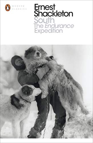 Book cover: “South” by Ernest Shackleton, featuring a man and dogs.