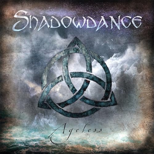 CD cover for Shadowdance’s “Ageless” featuring a Celtic knot and stormy sky.