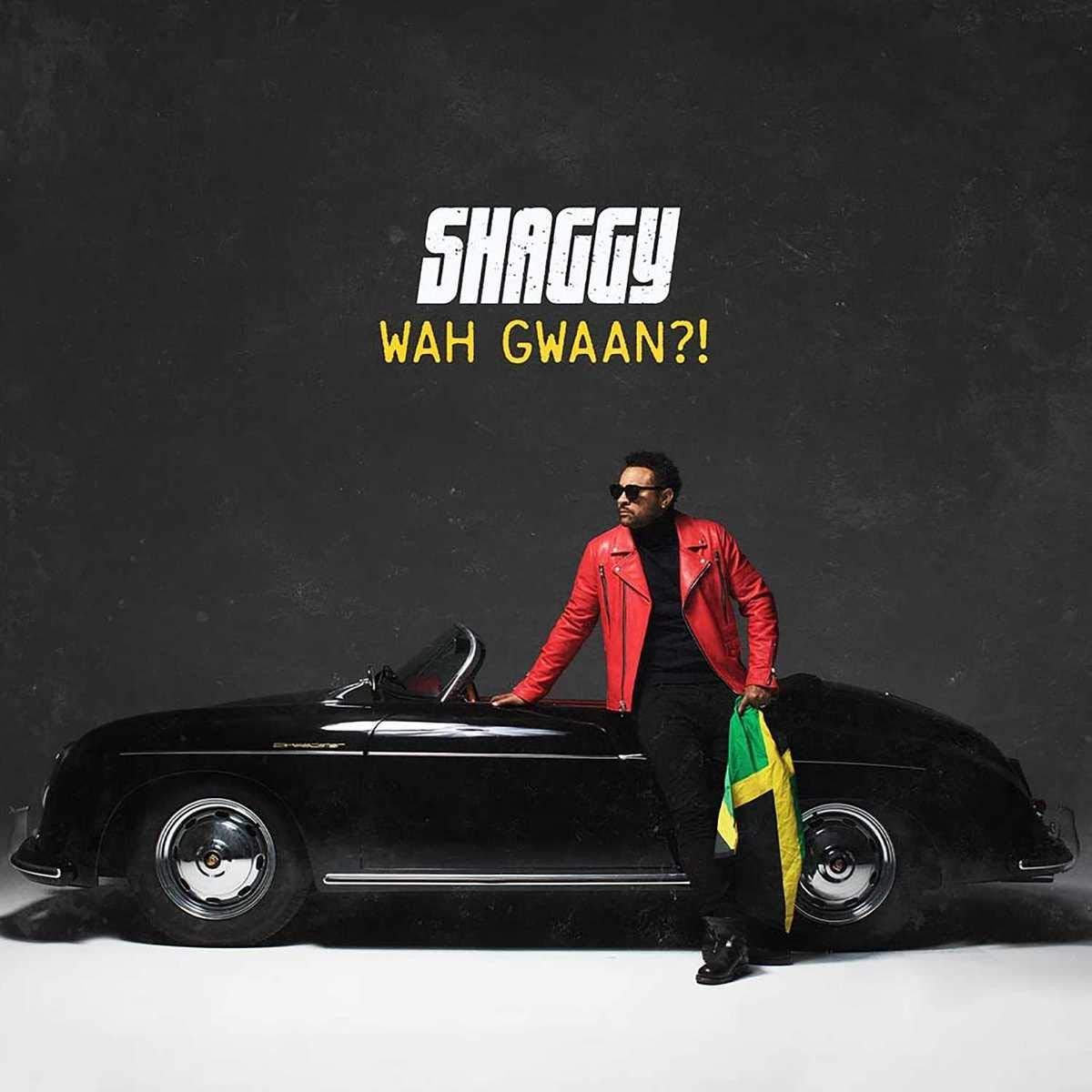 Man in red jacket leaning on a black convertible car, holding a Jamaican flag.