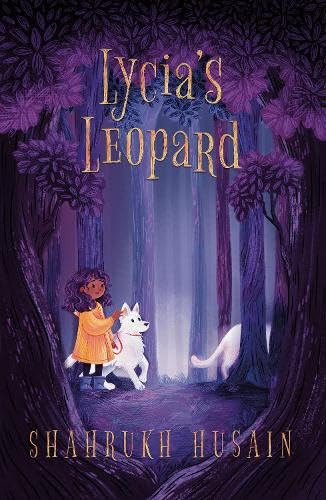 Book cover: girl with white leopard in a dark, stylized forest.