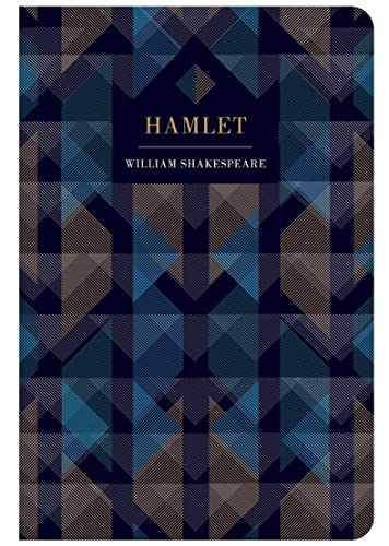 Book cover of Hamlet by William Shakespeare with a dark blue geometric patterned background.