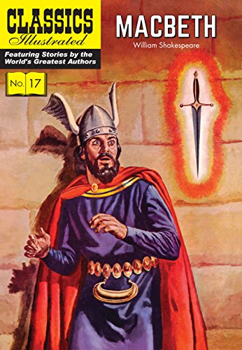 Cover art of Macbeth wearing a winged helmet and red cape, facing a floating dagger.