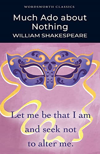 Book cover for Much Ado About Nothing featuring a purple mask on pink background.