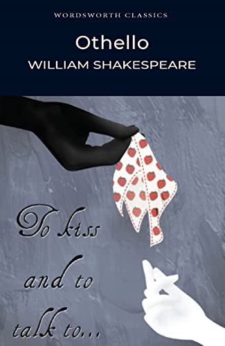 Book cover for Shakespeare’s “Othello” with hands and a patterned handkerchief.
