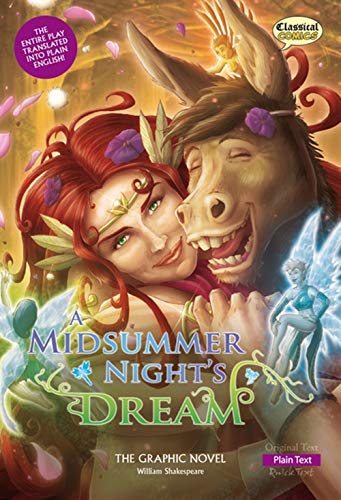 Titania embraces Bottom the donkey-headed man, surrounded by fairies in a forest setting.