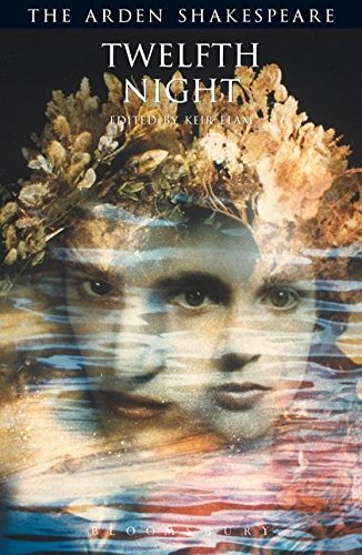 Book cover for Twelfth Night featuring a double-exposed face and floral crown over water.