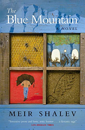 Book cover: "The Blue Mountain" with illustrated panels of bees, landscapes, and figures.
