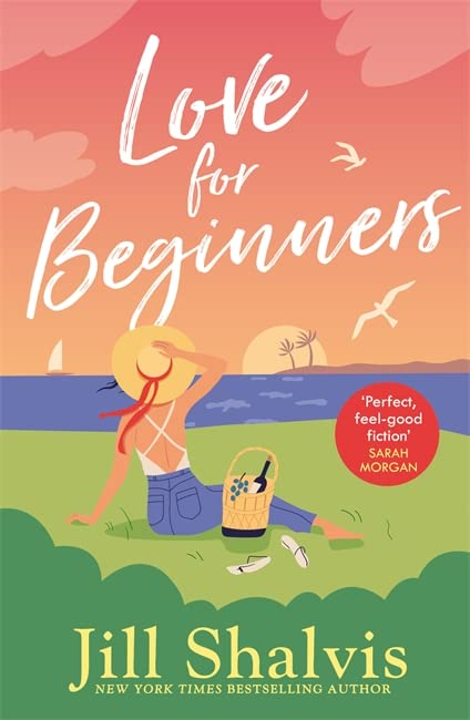 Book cover: "Love for Beginners" with woman in straw hat by the sea.