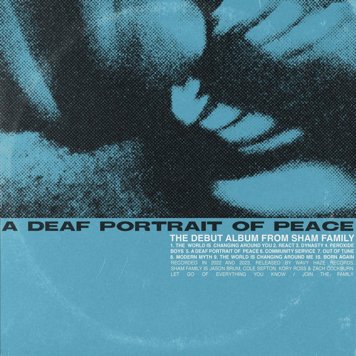 Vinyl cover with blue halftone graphic, band name, and tracklist on a blue background.