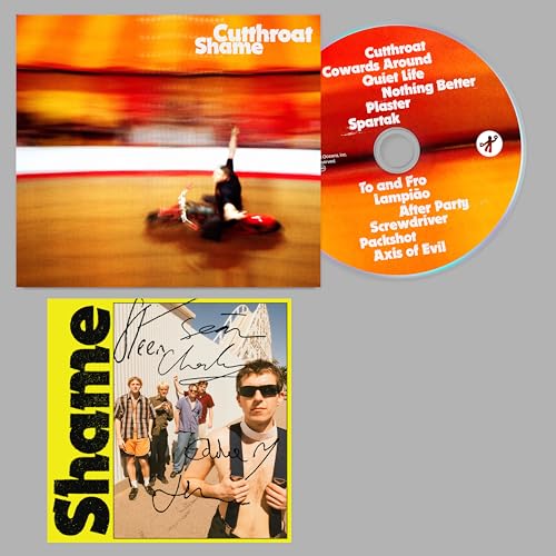 CD packaging for Shame’s “Cutthroat” album with band photos and tracklist.