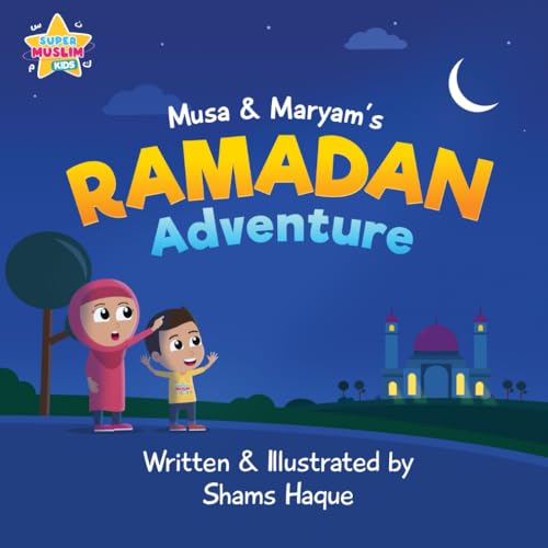 Book cover featuring two children and a mosque during Ramadan.