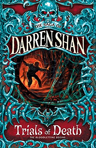 Book cover: “Trials of Death” with skull, spiderweb, and figure falling.