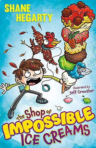A boy holds a tall, bizarre ice cream cone as a red bird flies nearby.