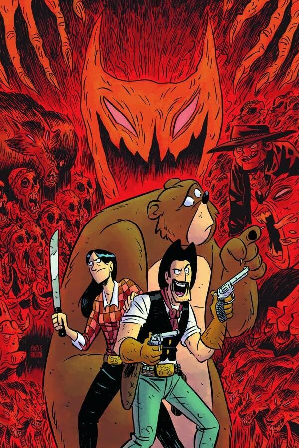 Comic book cover featuring a cowboy, woman, bear, and monstrous faces.