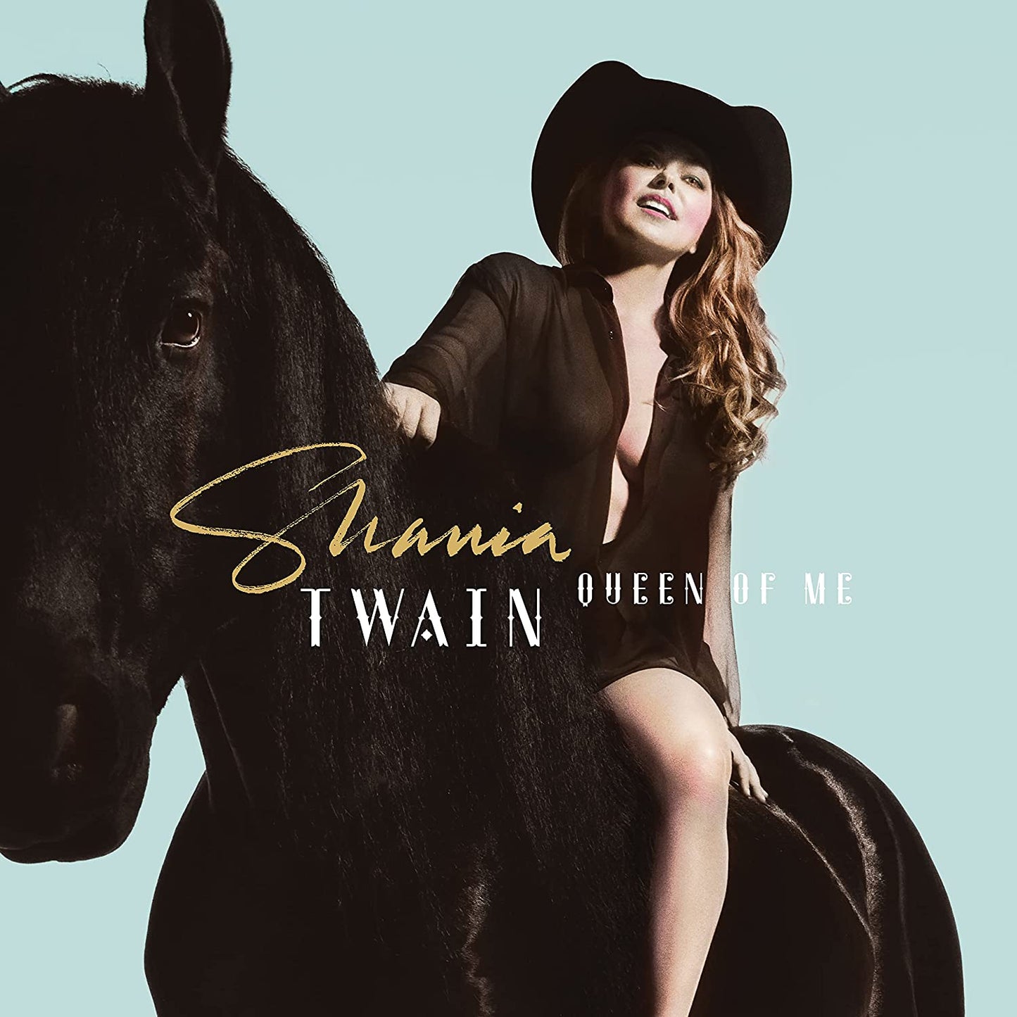 Shania Twain wearing a black hat and outfit, posing with a black horse.