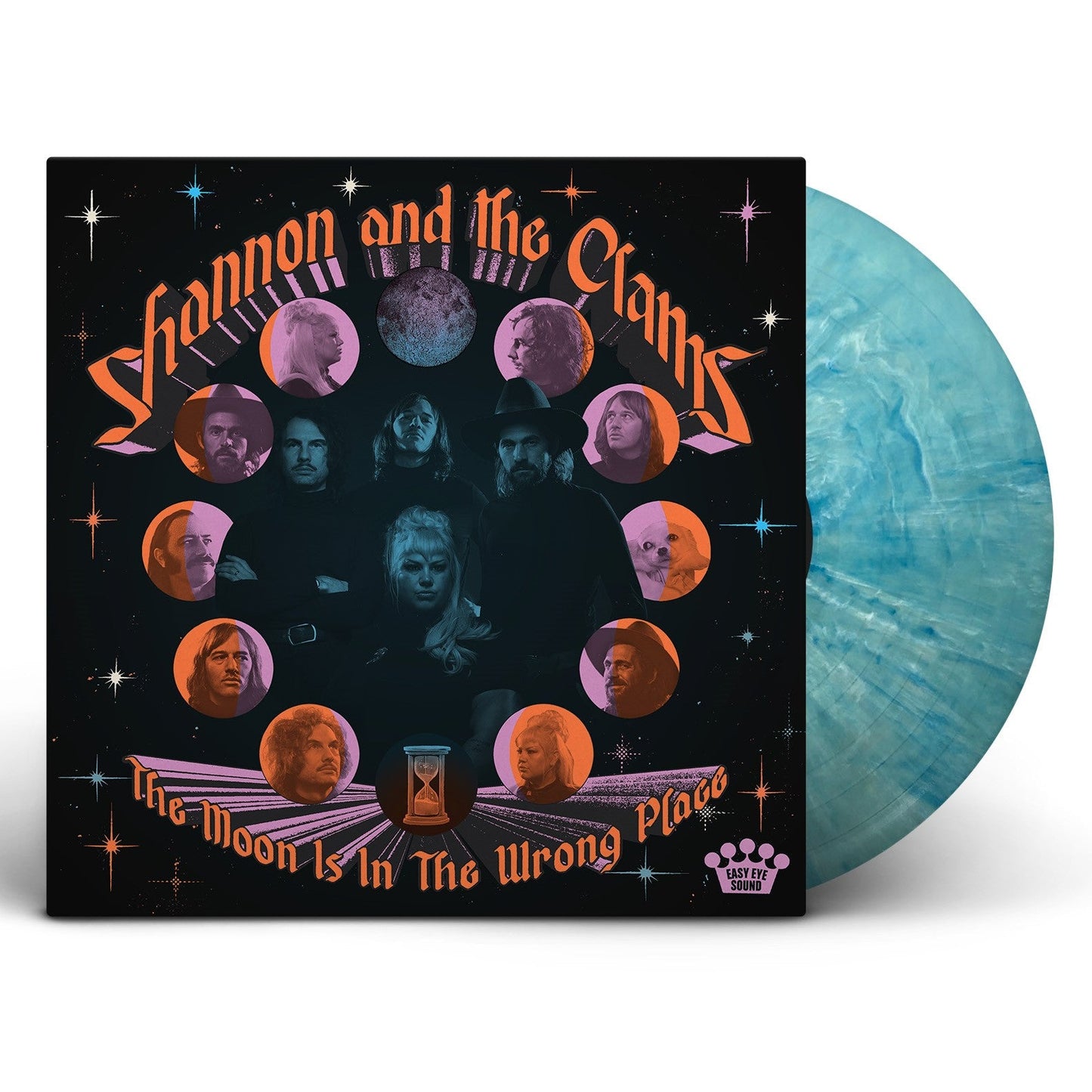 Vinyl record cover featuring band portraits in a circle with a blue marbled disc.