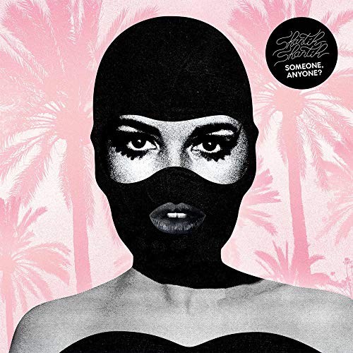 A person wearing a black balaclava against a pink background with palm tree silhouettes.