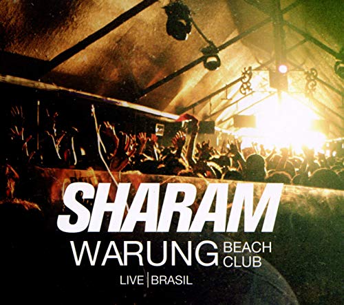 Crowd at a nightclub with bright stage lighting, with the text Sharam Warung Beach Club.