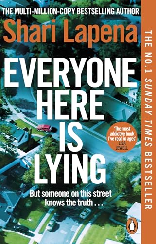 Book cover: "Everyone Here is Lying" with aerial view of houses.