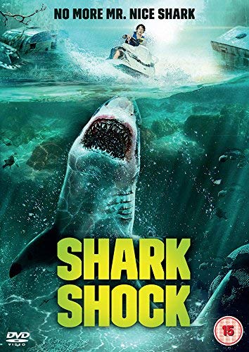 A large shark rises from the water toward a person riding a jet ski.