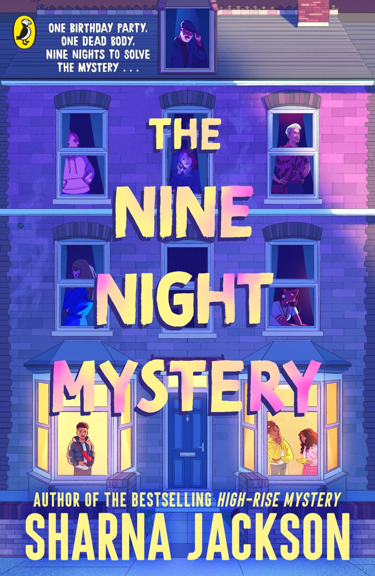 Book cover: colorful building, diverse characters, and large title "The Nine Night Mystery.