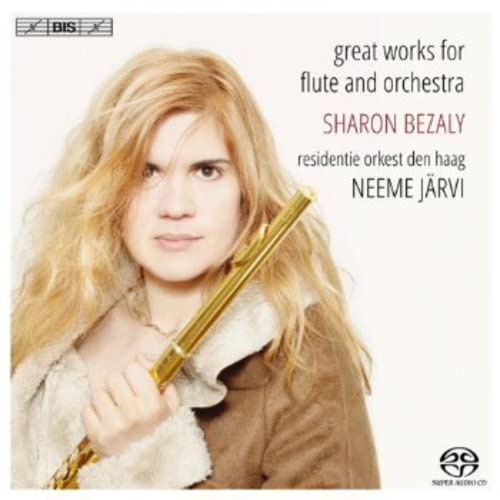 Flutist Sharon Bezaly holding a gold flute on a music CD cover.