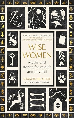 Book cover with illustrated squares and the title "Wise Women" in gold.