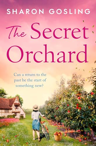 Book cover with orchard scene, woman with bicycle, and red apples.