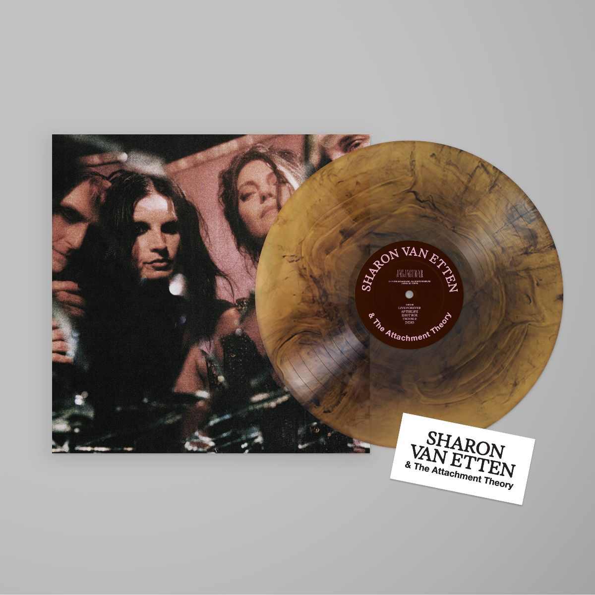 Amber vinyl record by Sharon Van Etten with album cover and sticker.