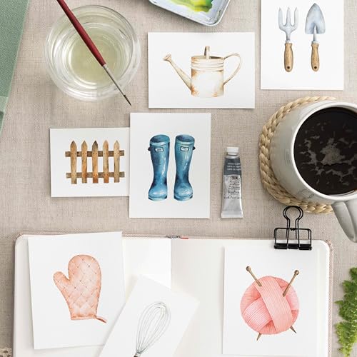 Watercolor paintings of garden and household items arranged on a desk with art supplies.