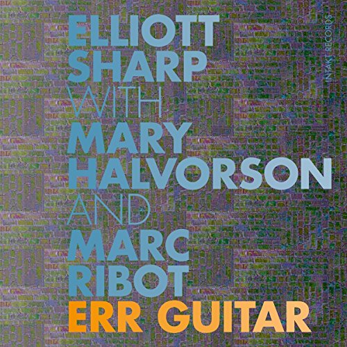 "Album cover with blue and orange text on a pixelated background."