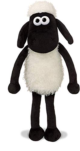 Black and white Shaun the Sheep plush toy, standing upright.