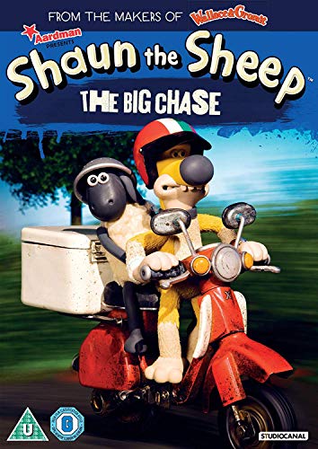 Shaun the Sheep and Bitzer the dog riding a red scooter on DVD cover.