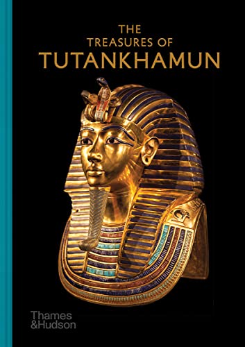 Golden mask of Tutankhamun on book cover, dark background.