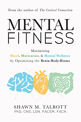 Book cover: "Mental Fitness" with brain, heart, and gut illustrations.
