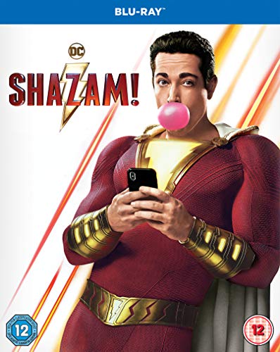 Shazam! Blu-ray cover featuring a superhero chewing bubblegum and holding a phone.