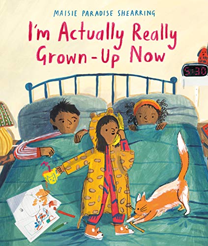 Children in pajamas share a bed with a cat, illustrated cover.
