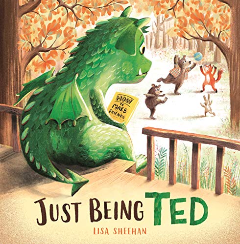 Green dragon reading a “How to Make Friends” guide, with woodland creatures.