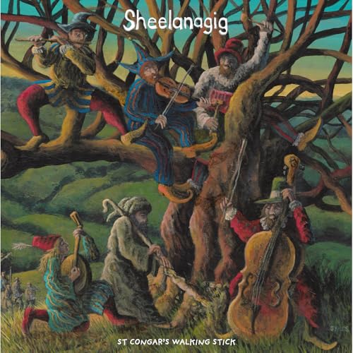 Painted album cover depicting musicians playing instruments in a tree.