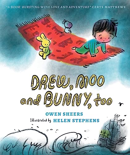 Child on a red rug with a bunny, cow, and blue sky.
