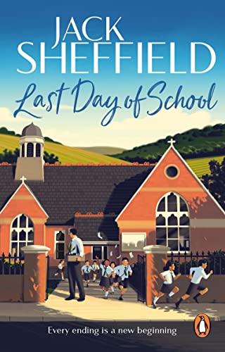 Book cover: school building with children leaving, illustrated style.