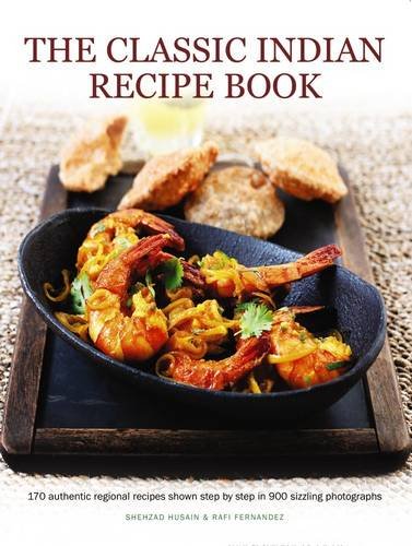 Cookbook cover featuring shrimp curry and Indian flatbread on a wooden board.
