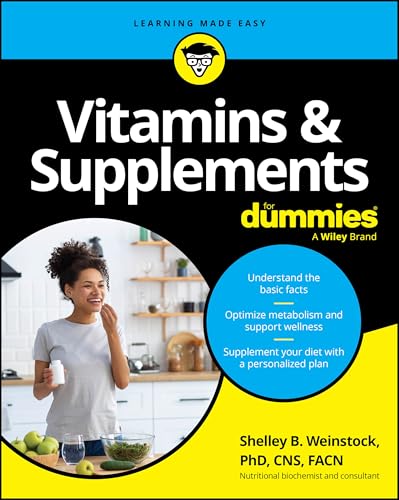 Book cover for "Vitamins & Supplements For Dummies" with a woman and kitchen scene.
