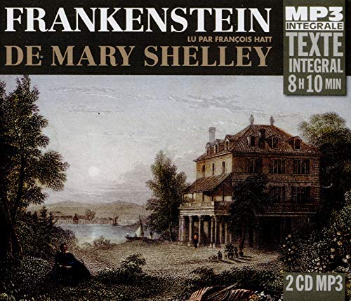 Frankenstein audiobook cover with a landscape featuring a large house and trees.