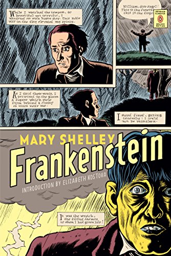 Frankenstein" book cover with comic-style panels and a yellow-toned monster face.