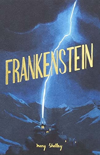 Book cover of Frankenstein with a lightning bolt striking a house against dark mountains.