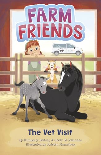 Book cover: farm animals with a girl and a vet’s vehicle.