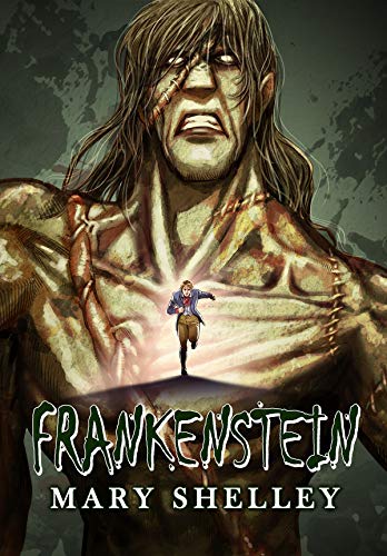 Frankenstein’s monster looms over a small figure, manga-style illustration.