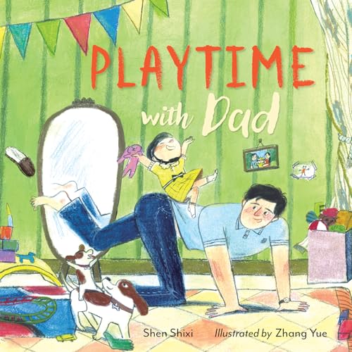 Dad playfully lifting daughter, with dog, in a colorful illustrated room.